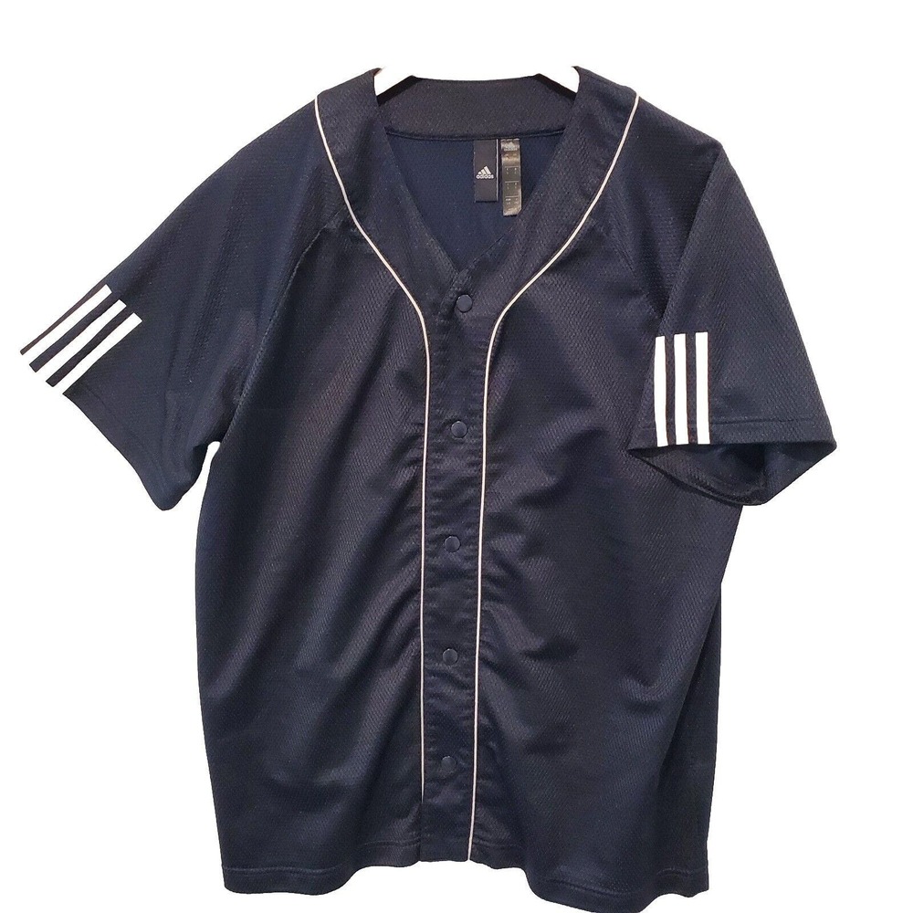 Men's Three Stripe Life Navy Blue and White Adidas Button Up Jersey Size M NWOT